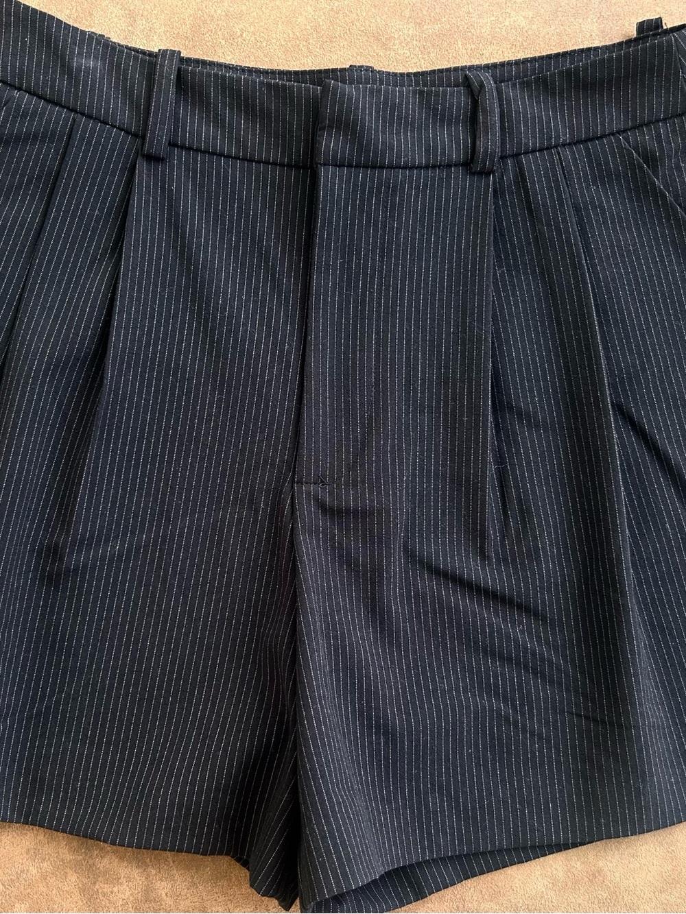 Stradivarius Navy Pinstripe Pleated Dress Shorts